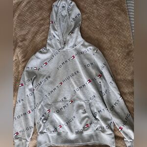 Tommy‎ Hilfiger Gray Hoodie with Logo Print All Over Y2k Comfortable Sweater LRG